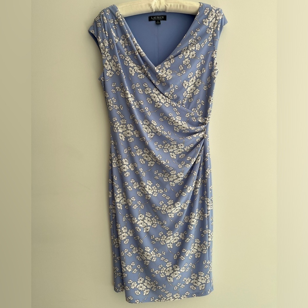 LAUREN Ralph Lauren Faux Wrap Front Midi Dress Floral V Neck Party Occasion Chic